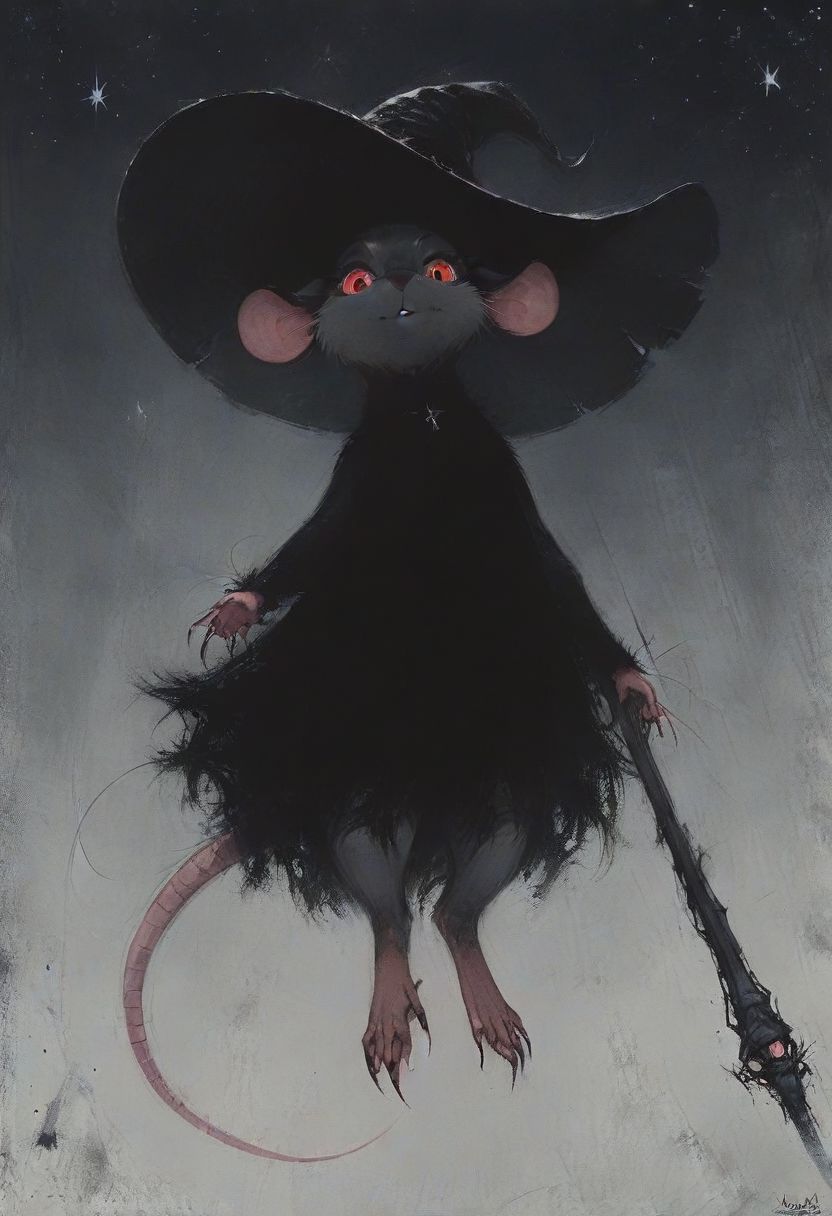 score_9, score_8_up, score_8, solo, (fluffy:0.8), (feral), furry, (((mouse))), female, claws, (fluffy cheeks:0.7), (black dress), grey fur, black ears, red eyes, look at viewer, (solo:2), j_cartoon, low angle view, aesthetic, dramatic angle, unique perspective, unique angle, night, dark, stars, (witch hat), staff, (cruel expression)