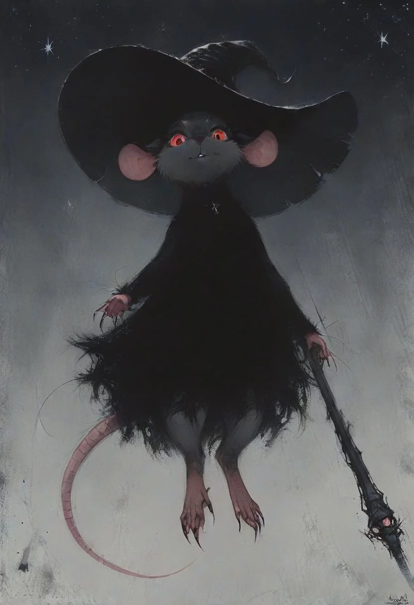 score_9, score_8_up, score_8, solo, (fluffy:0.8), (feral), furry, (((mouse))), female, claws, (fluffy cheeks:0.7), (black dress), grey fur, black ears, red eyes, look at viewer, (solo:2), j_cartoon, low angle view, aesthetic, dramatic angle, unique perspective, unique angle, night, dark, stars, (witch hat), staff, (cruel expression)
