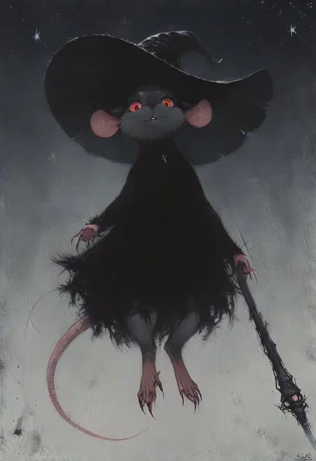 score_9, score_8_up, score_8, solo, (fluffy:0.8), (feral), furry, (((mouse))), female, claws, (fluffy cheeks:0.7), (black dress), grey fur, black ears, red eyes, look at viewer, (solo:2), j_cartoon, low angle view, aesthetic, dramatic angle, unique perspective, unique angle, night, dark, stars, (witch hat), staff, (cruel expression)