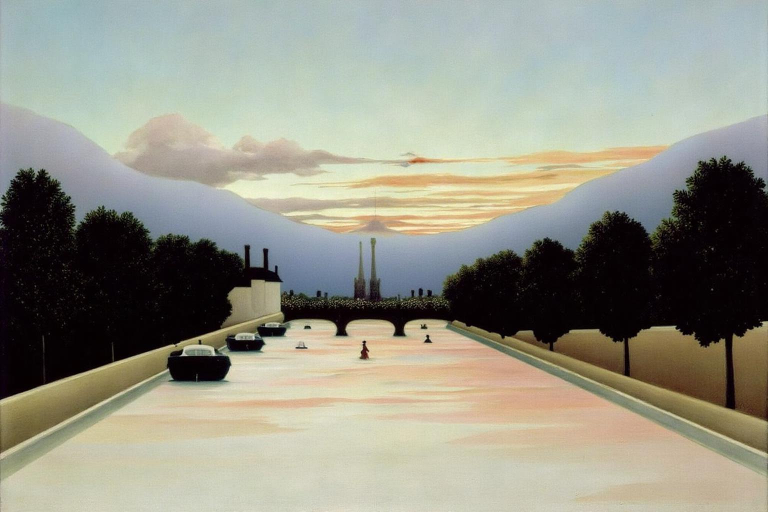 henrirousseau2 painting The scene depicts a serene view along the river Seine, with a calm, reflective surface that mirrors the soft, pastel hues of the setting or rising sun. <lora:henrirousseau2_cap_d6a3:1.0><lora:833924740398971190:0>