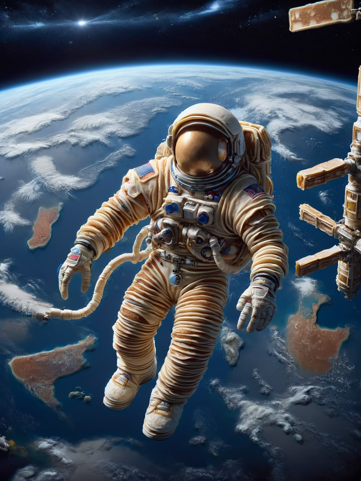 An ais-pncks astronaut floating in space near a vividly detailed International Space Station <lora:ais-pncks-sdxl:1>