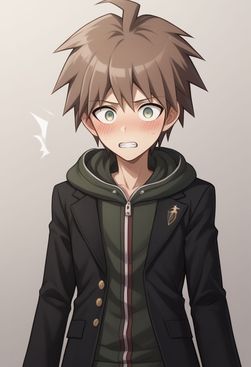 score_9, score_8_up, source_anime, highly detailed, 1boy, solo, skinny,
makoto, 1boy, solo, hood, male focus, hoodie, brown hair,  jacket, ahoge,
short hair, bangs, teeth, long sleeves, black jacket, hood down, surprised, blush,
indoor,
