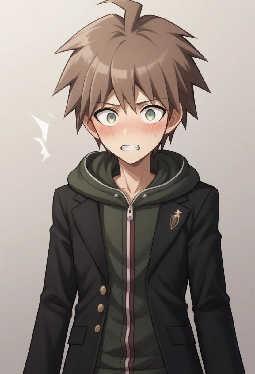 score_9, score_8_up, source_anime, highly detailed, 1boy, solo, skinny,
makoto, 1boy, solo, hood, male focus, hoodie, brown hair,  jacket, ahoge,
short hair, bangs, teeth, long sleeves, black jacket, hood down, surprised, blush,
indoor,