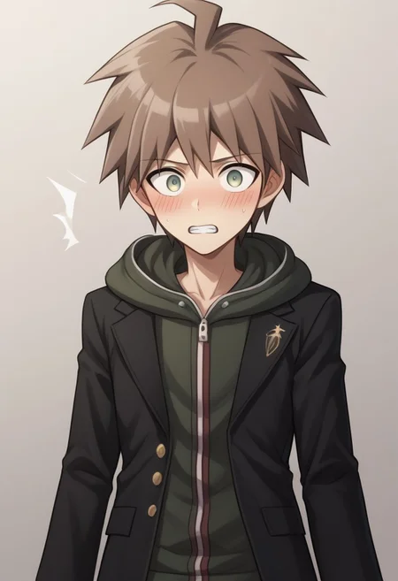 score_9, score_8_up, source_anime, highly detailed, 1boy, solo, skinny,
makoto, 1boy, solo, hood, male focus, hoodie, brown hair, jacket, ahoge,
short hair, bangs, teeth, long sleeves, black jacket, hood down, surprised, blush,
indoor,