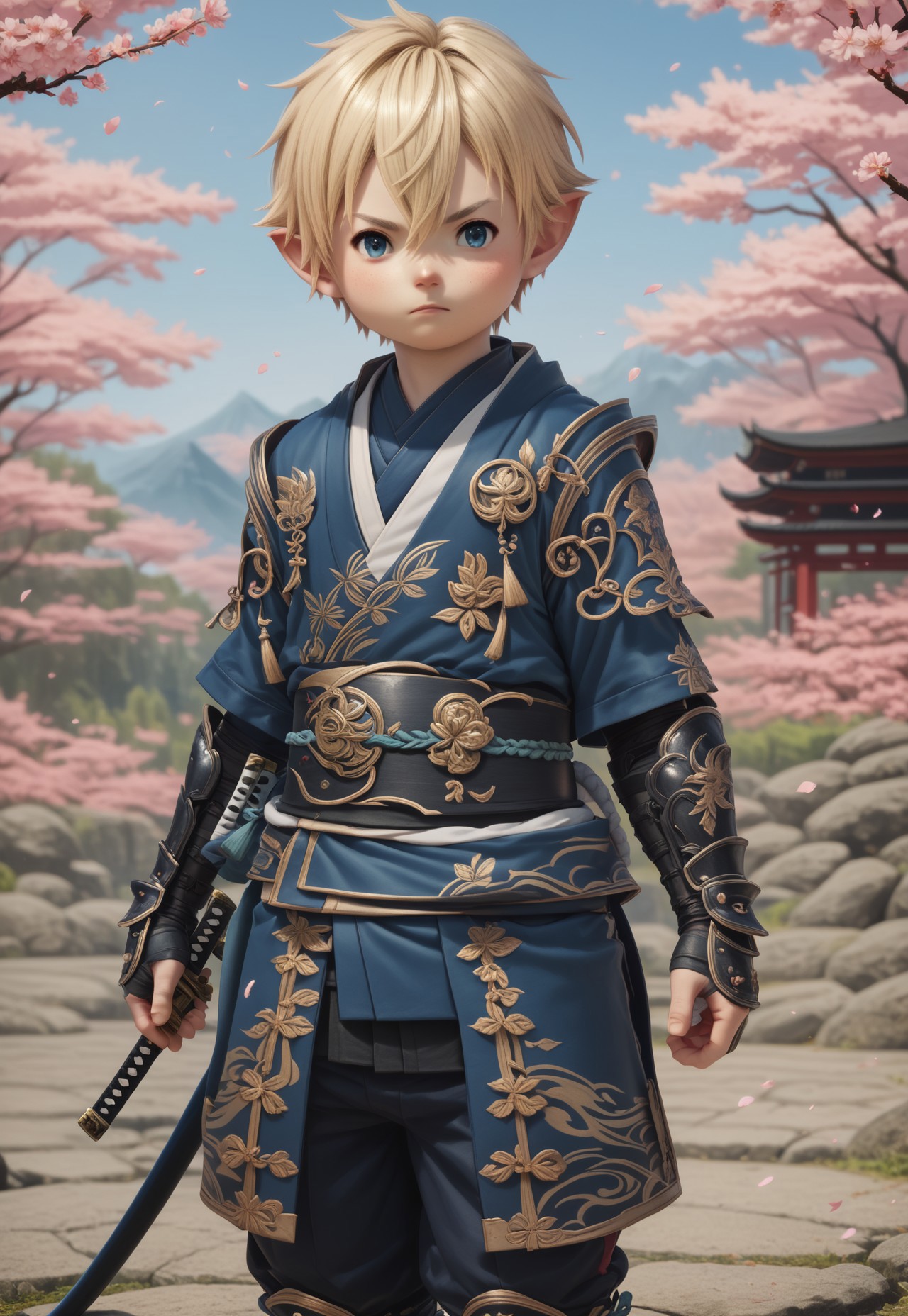 LalaTater, Lalafell, 1boy, chibi samurai armor, blue eyes, blonde hair, short hair, hair between eyes, looking at viewer, holding katana, male focus, outdoors, sky, cherry blossoms, BREAK PonyXLV6_Scores