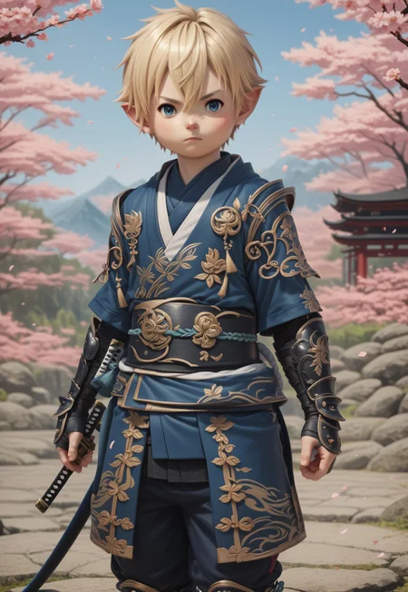 LalaTater, Lalafell, 1boy, chibi samurai armor, blue eyes, blonde hair, short hair, hair between eyes, looking at viewer, holding katana, male focus, outdoors, sky, cherry blossoms, BREAK PonyXLV6_Scores
