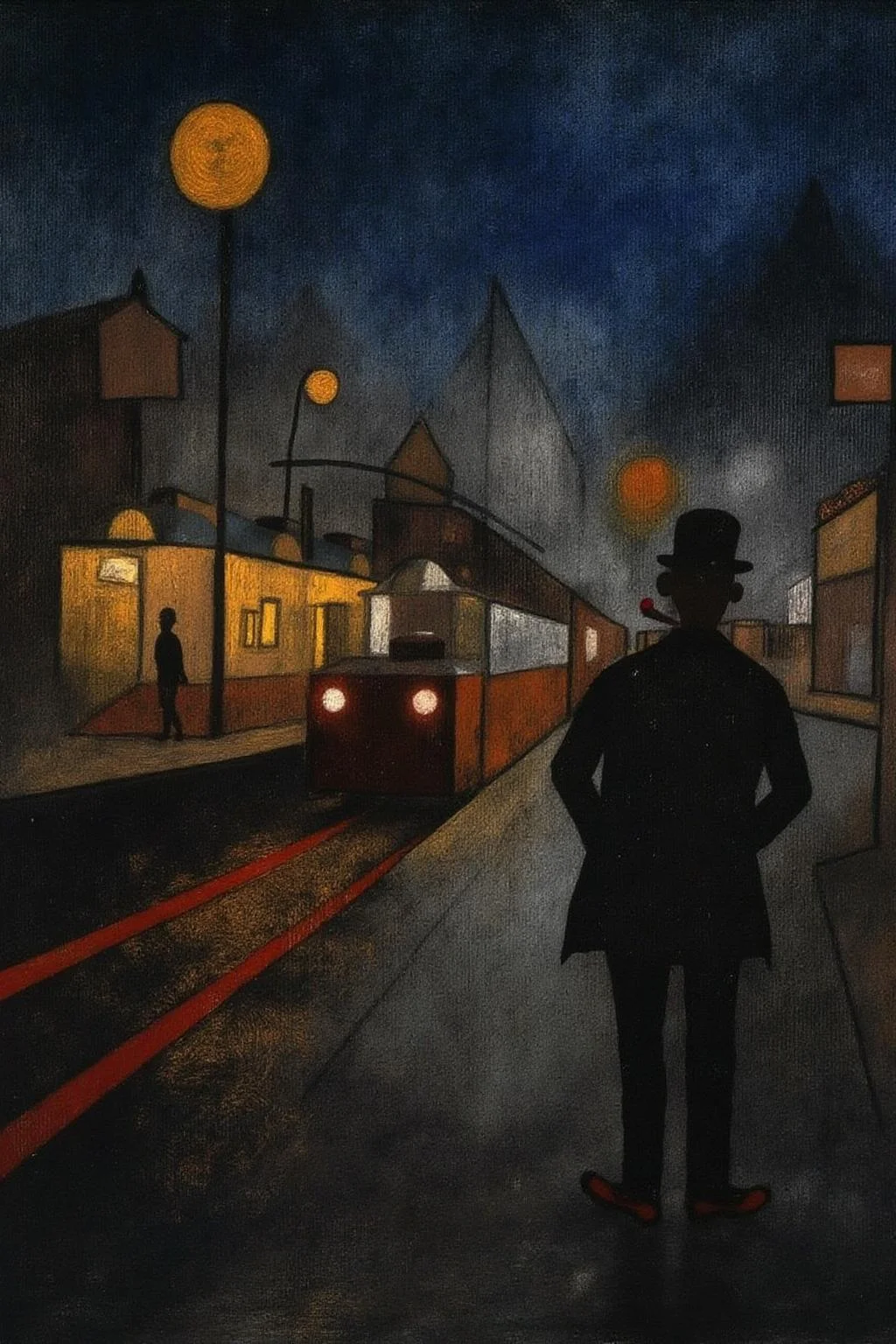 paulklee1 painting of a man smoking at a busy trainstation in the rain. <lora:paulklee1_cap_d8a4e6:1.0><lora:838869708045483105:0>