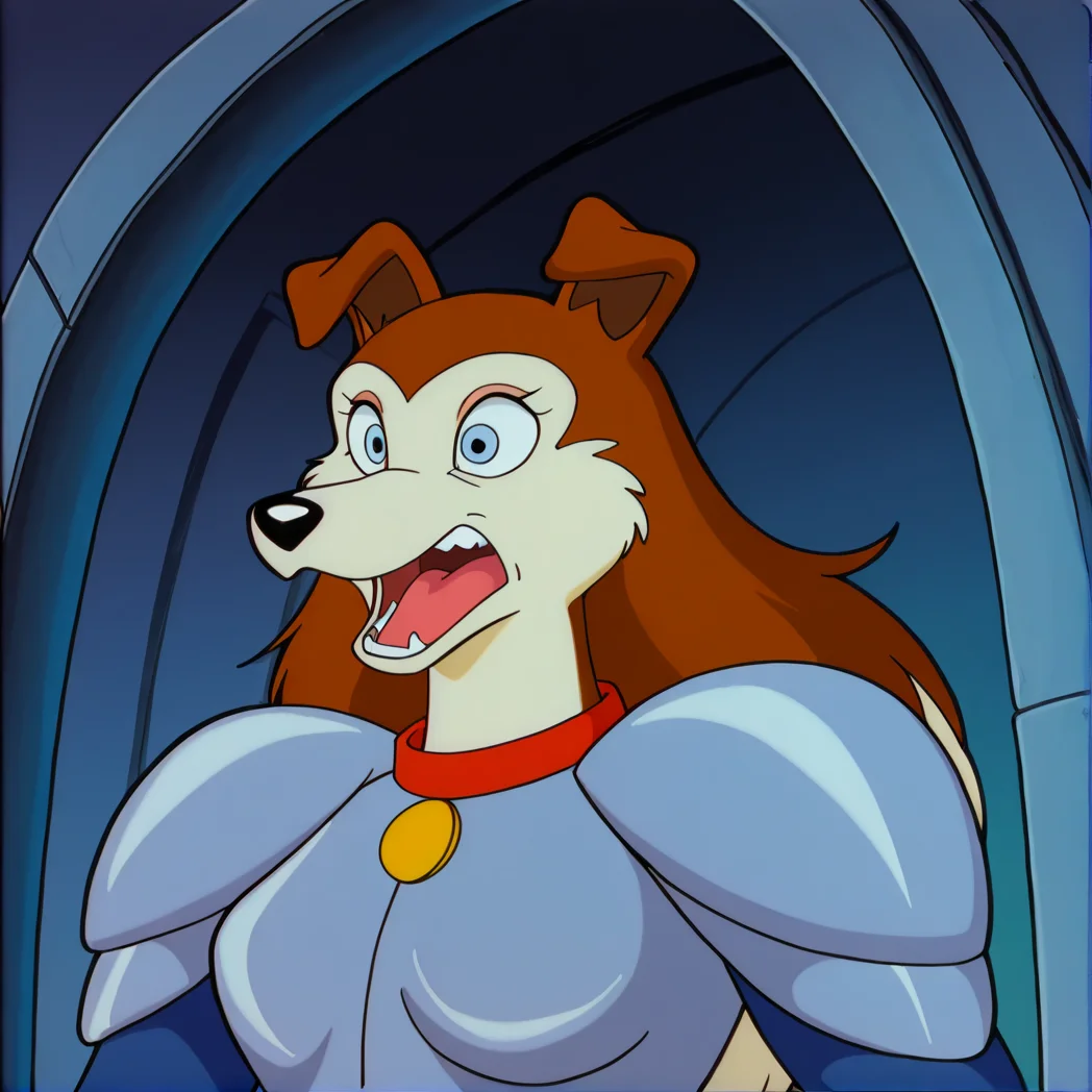 <lora:colleenillustrious:1>,(masterpiece), (best quality), (ultra-detailed), amazing quality, very aesthetic, illustration, perfect composition, intricate details, absurdres, incredibly absurdres, solo, collar, open mouth, brown hair, upper body, teeth, armor, shoulder armor, retro artstyle, dog girl, colleen, blue eyes, two-tone hair, two-tone fur, furry, furry female, long hair, 1girl,