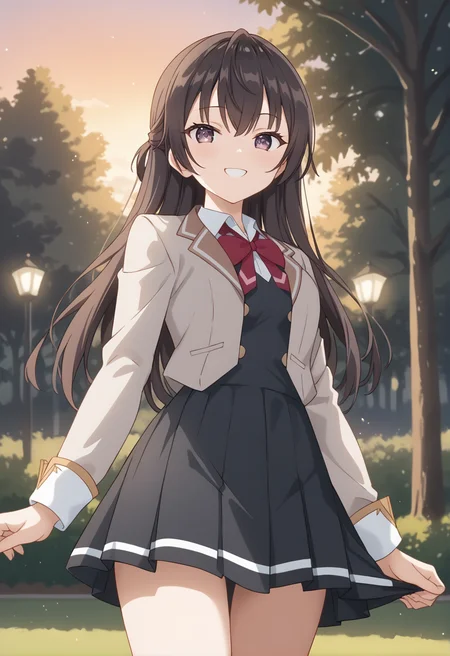 score_9, score_8_up, score_7_up, source_anime, masterpiece, best quality, highly detailed background, cinematic lighting, detailed eyes, detailed pupils, perfect face, Yuki Suou, unique outfit, looking at viewer, excited, hearts, dutch tilt, cinematic, standing, smile, low angle, legs, portrait, park, trees, lights, light posts, sunset, warm light,
<lora:Yuki_Suou_Pony:0.8>