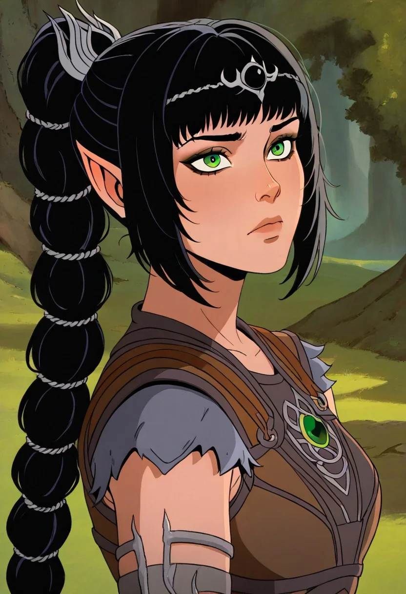 masterpiece, best quality, newest, absurdres, highres,
X-1990STV1.0,
1girl, shadowheart \(baldur's gate\), long braid, elf, pointy ears, black hair, braid, side bangs, green eyes,