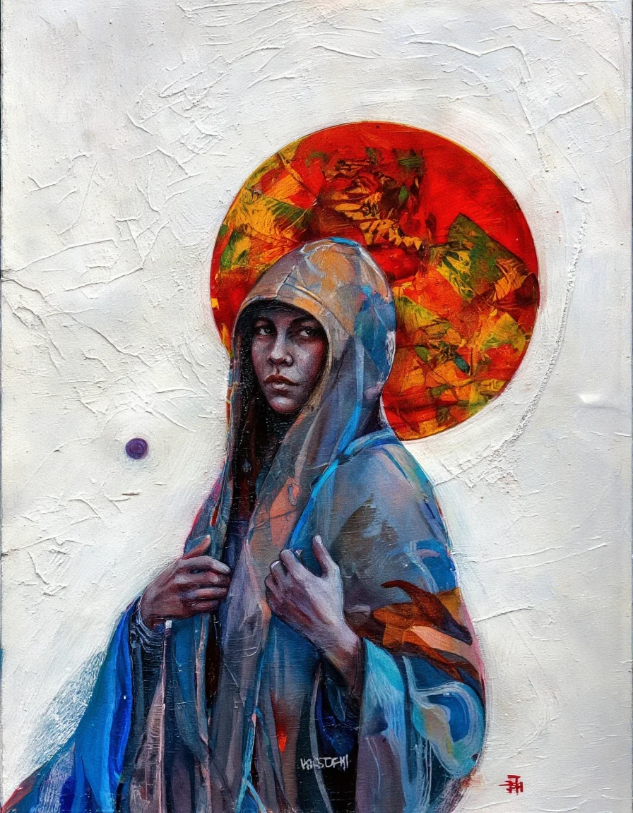 Art by Eli Minaya. A solo, abstract painting of a person wearing a colorful hooded cloak and a large red hat with a yellow and green abstract pattern, painted in a realistic style with a blend of blue, red, and yellow hues. the figure is positioned in the middle of the image, facing the viewer, with their face partially obscured by the hood, creating a sense of mystery and isolation. the background is a simple, textured white surface with a rough, abstract texture, adding to the sense of depth and dimension to the painting. on the top of the figure, a large, vibrant red and yellow sun-like shape is visible, adding a pop of color to the otherwise monochromatic image. the overall effect is a striking contrast between the figure and the background, with the bright colors and bold lines of the painting creating a visually striking composition.