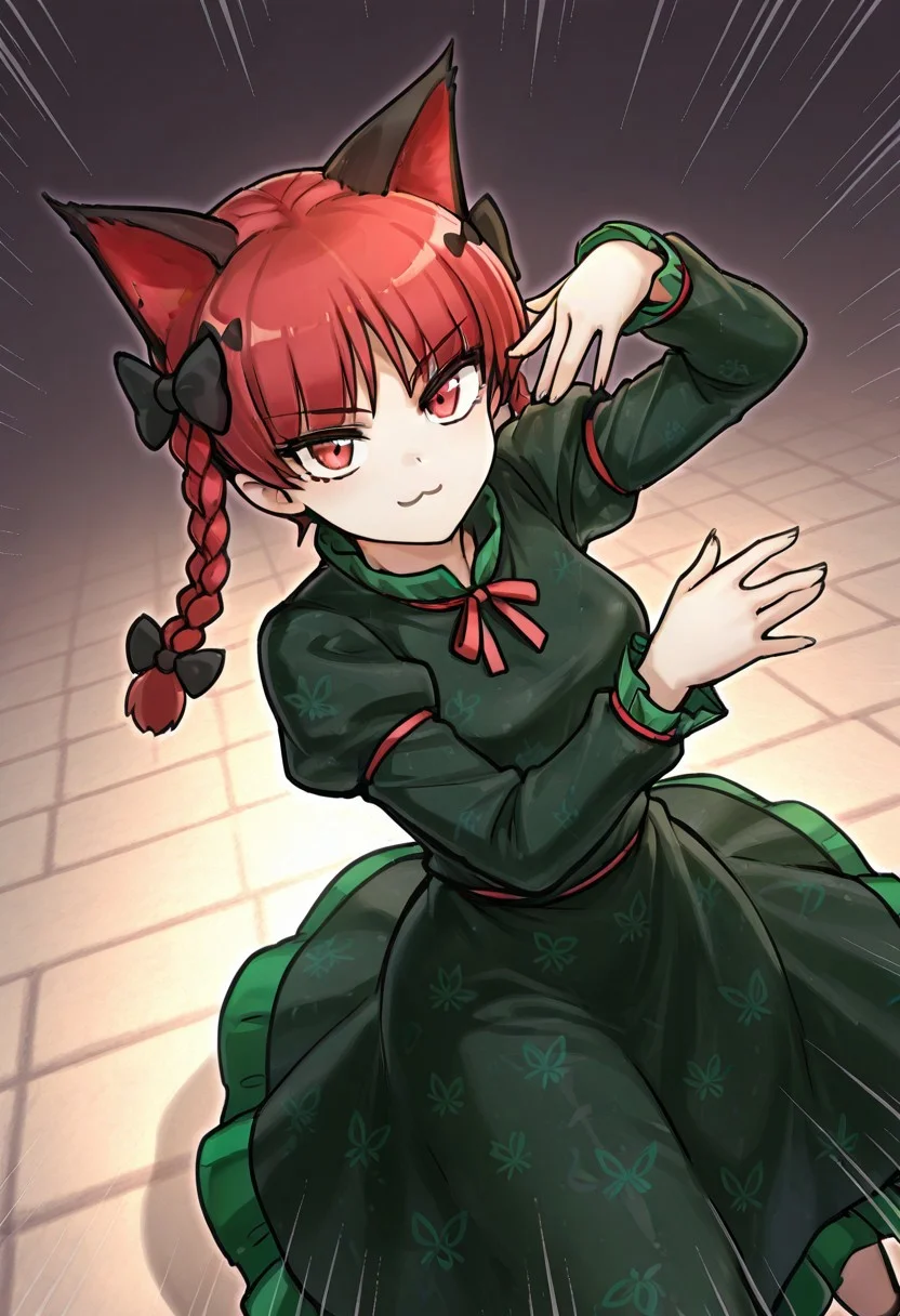 best quality, hires, dutch angle, from above,
1girl, kaenbyou rin, (jojo pose),
:3, looking at viewer, speed lines,