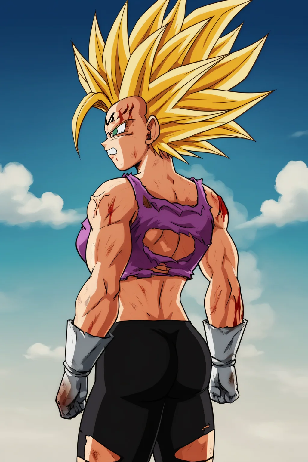 source_anime, score_9, score_8_up, score_7_up, anime screencap,8k, absurd res,
bra \(dragon ball\), 1girl, solo, blonde hair, green eyes, ass, cowboy shot, arms by side, from behind, torn clothes, blood, muscular, back, facial mark, black shorts, spiked hair, blue sky, clenched hand, (purple crop top), anger vein, clenched hands, veins, injury, muscular female, aura, super saiyan 2
<lora:bra_pony_v1:0.8>