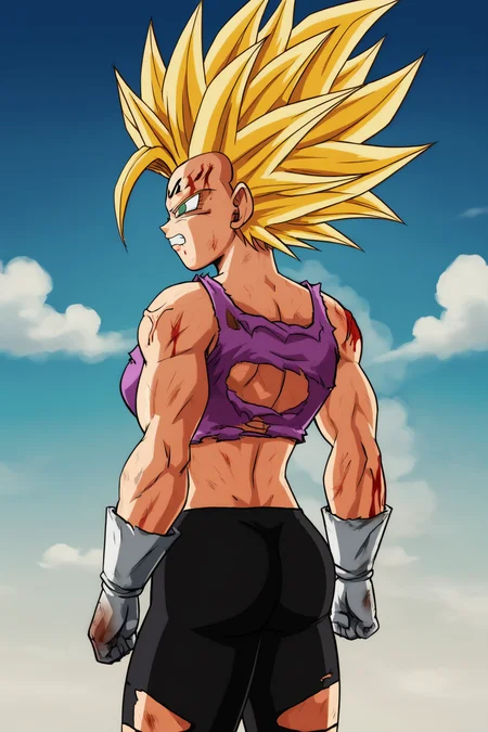 source_anime, score_9, score_8_up, score_7_up, anime screencap,8k, absurd res,
bra \(dragon ball\), 1girl, solo, blonde hair, green eyes, ass, cowboy shot, arms by side, from behind, torn clothes, blood, muscular, back, facial mark, black shorts, spiked hair, blue sky, clenched hand, (purple crop top), anger vein, clenched hands, veins, injury, muscular female, aura, super saiyan 2
<lora:bra_pony_v1:0.8>