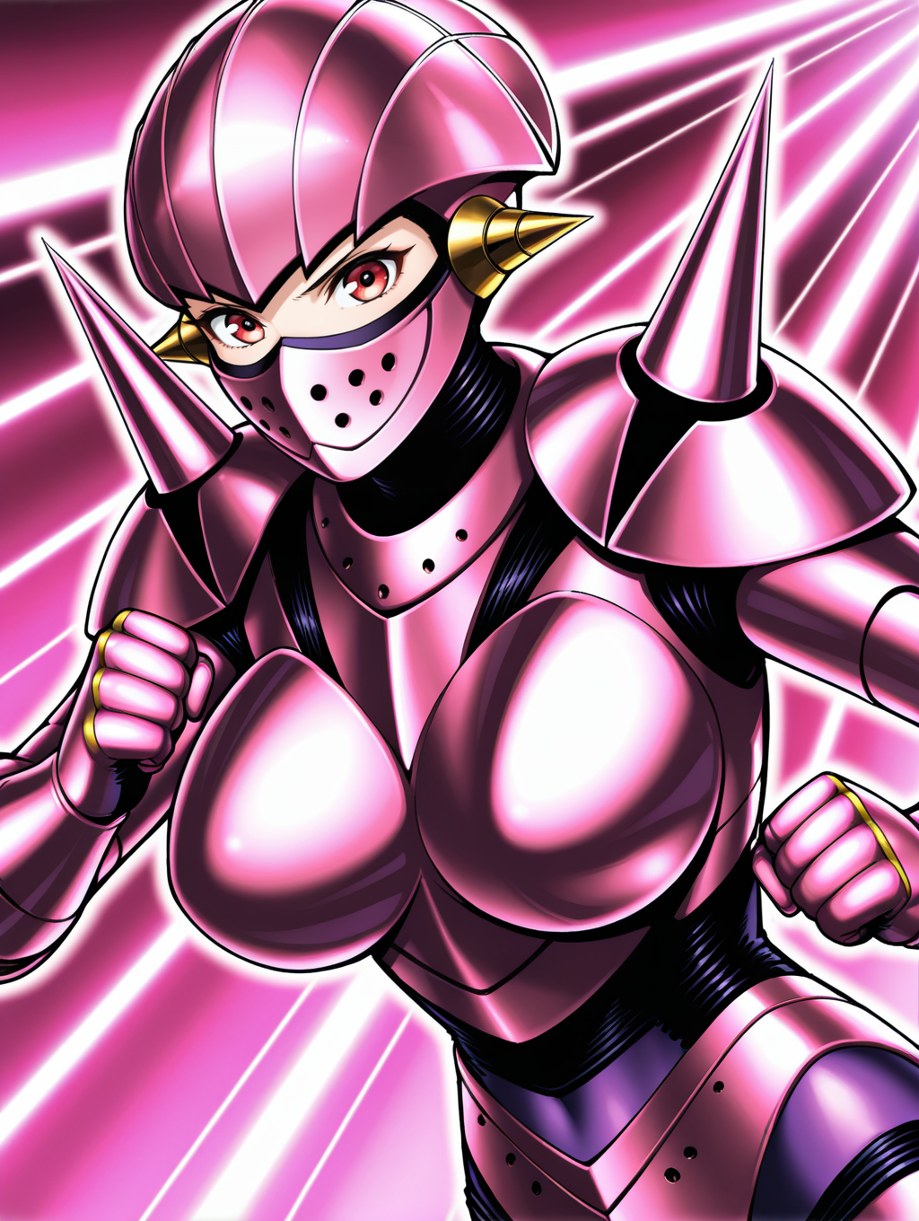 full armor, robot girl, robolady, 1girl, solo, spikes, clenched hands, large breasts, looking at viewer, upper body, covered mouth, mouth mask, pink helmet, pink armor, shoulder spikes, pink gauntlets, purple bodystocking, official art, motion lines,
masterpiece,best quality,amazing quality,very aesthetic,absurdres,newest,<lora:Robolady illuXL v1:0.7>,