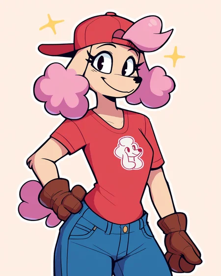 score_9_up, score_8_up, score_7_up, score_6_up, by remanedur, half-length portrait, pink highlights, furry female, poodle, female, furry, looking at viewer, solo, smile, happy, three-quarter view, head tilt, red baseball cap, baseball cap, backwards baseball cap, gloves, standing, handwear, red shirt, red t-shirt, t-shirt, jeans, tail, simple background, white outline, <lora:Leah_Pines(AIM)_XL_v1:0.25> <lora:PDXL_artist_tags_v2_big:0.5> <lora:The-Minuscule-Task_PDXL_v1.0:0.6> <lora:Louise_aaronchenart:0.6>