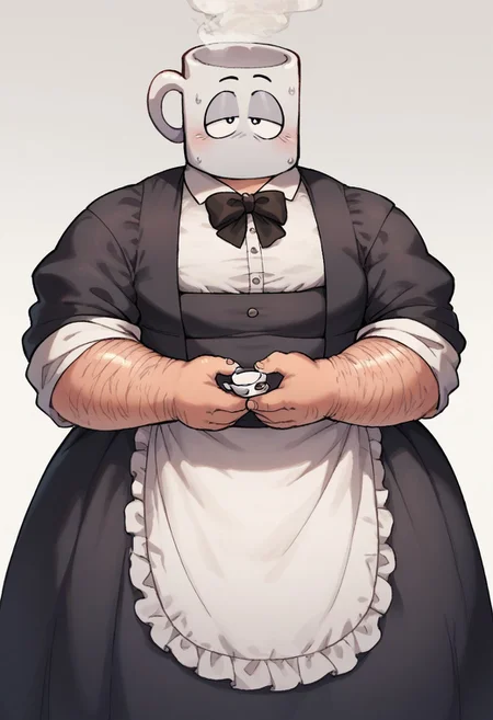 score_9, score_8_up, score_7_up, bara, masterpiece, lots of details, best quality, amazing shading, 1boy, solo male, overweight male, chubby, fat, fully clothed, male, large pectorals, fat pectorals, broad shoulders, overweight, obese, chubby arms, belly, chubby thighs, ((object head, mug head, steam coming out from head)),((cartoon eyes, round eyes, eyes wide open, mouthless)), victorian dress, elegant outfit