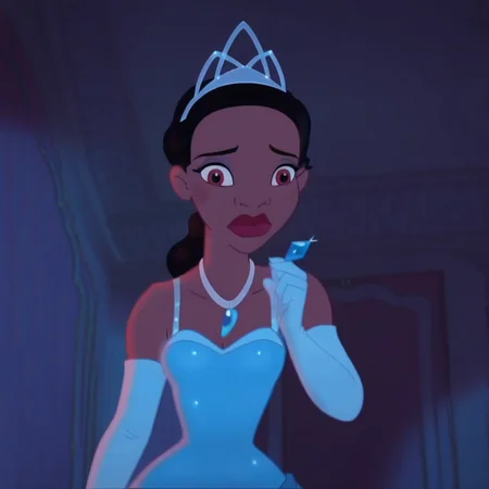 Tiana, 2D, cartoon, screencap, solo, full body, full shot, female, African-American, woman, tall and slender, sculpted figure, medium-length, wavy, black hair usually tied in a low ponytail, dark red lips, rosy cheeks, Nubian nose, light brown eyes with pink eye shadow, a bright smile, dimples, blue princess gown, necklace, tiara with blue diamond, light blue opera gloves,