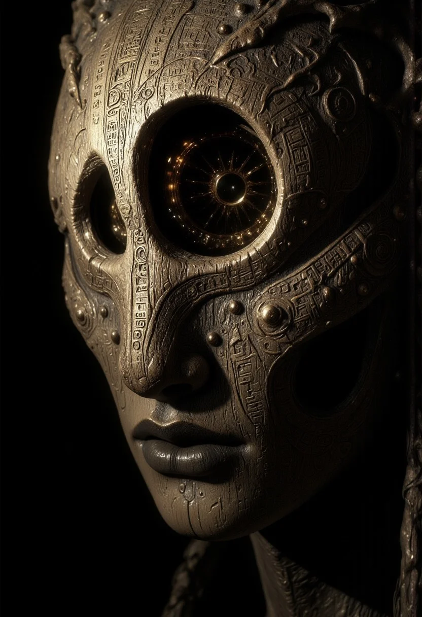 An ultra close-up portrait of a female Norse Viking seer, showing just over half of the face, framed asymmetrically from the left. The head is tilted slightly upward, creating an intimate, mystical perspective.
The head is a hollow, featureless piece of carved wood, shaped into a smooth, rounded form without facial features. Only the left half of the wooden head is visible, showing the rough texture of ancient, weathered wood with faint carved patterns of Nordic runes and knotwork.
In the center of the forehead, there is a prominent Odin's Eye-shaped cutout, its edges smooth and precise, symbolizing wisdom, sacrifice, and divine sight. The void is hollow and dark, but a dim golden light glows softly within, casting narrow rays through the Odin's Eye-shaped cutout. The light is subtle and mystical, giving the void a divine, otherworldly aura.
The wooden surface is worn and textured, reflecting the soft golden light faintly, resembling the ancient bark of Yggdrasil, the World Tree. The Odin's Eye-shaped void draws the viewer’s gaze into the empty darkness within, symbolizing sacred knowledge and cosmic vision.
The background is shadowy and minimal, fading into darkness, ensuring the focus remains on the wooden head and the dim golden light. The contrast between the ancient, divine symbol and the modern, surreal void creates a haunting narrative of spiritual power, sacrifice, and divine emptiness.