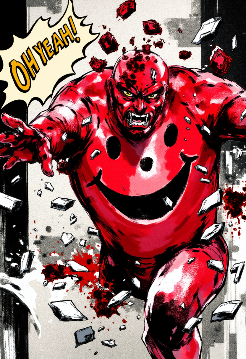<lora:Yoji_Shinkawa_Style_FLUX-000012:0.9>
This is a digital illustration in a manga-inspired, dark, and gritty yshinkawa style. The artwork features   Kool-aid man breaking through a wall with the speech bubble: "OH YEAH!"
