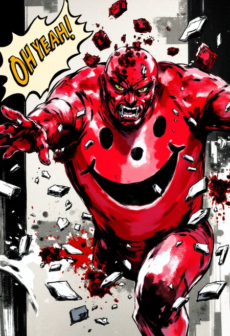 <lora:Yoji_Shinkawa_Style_FLUX-000012:0.9>
This is a digital illustration in a manga-inspired, dark, and gritty yshinkawa style. The artwork features Kool-aid man breaking through a wall with the speech bubble: "OH YEAH!"