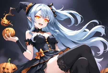 (masterpiece), (score_9, score_8_up, score_7_up,source_anime), 4K8K,
(from below), misty, steam, fog, Floating Halloween pumpkins,
halloween, halloween fantasy,
pumpkin head woman, Pumpkinhead, Sitting on a throne, (solo), (Glossy skin, pale skin:1.3), (crossed arm, hold stick), burning pumpkin, (dark aura:1.4), (smirk, half-opened mouth, Canine, tooth, fang1.2),
(medium figure:0.9), (pointy breasts:1.1),
(glowing eyes),
(wearing vampire cos, dress, makeup, red and black dress, Miniature Hats, zettai ryouiki, thighhighs:1.2),
(emperor's audience room, dark room:1.3), elf ears,