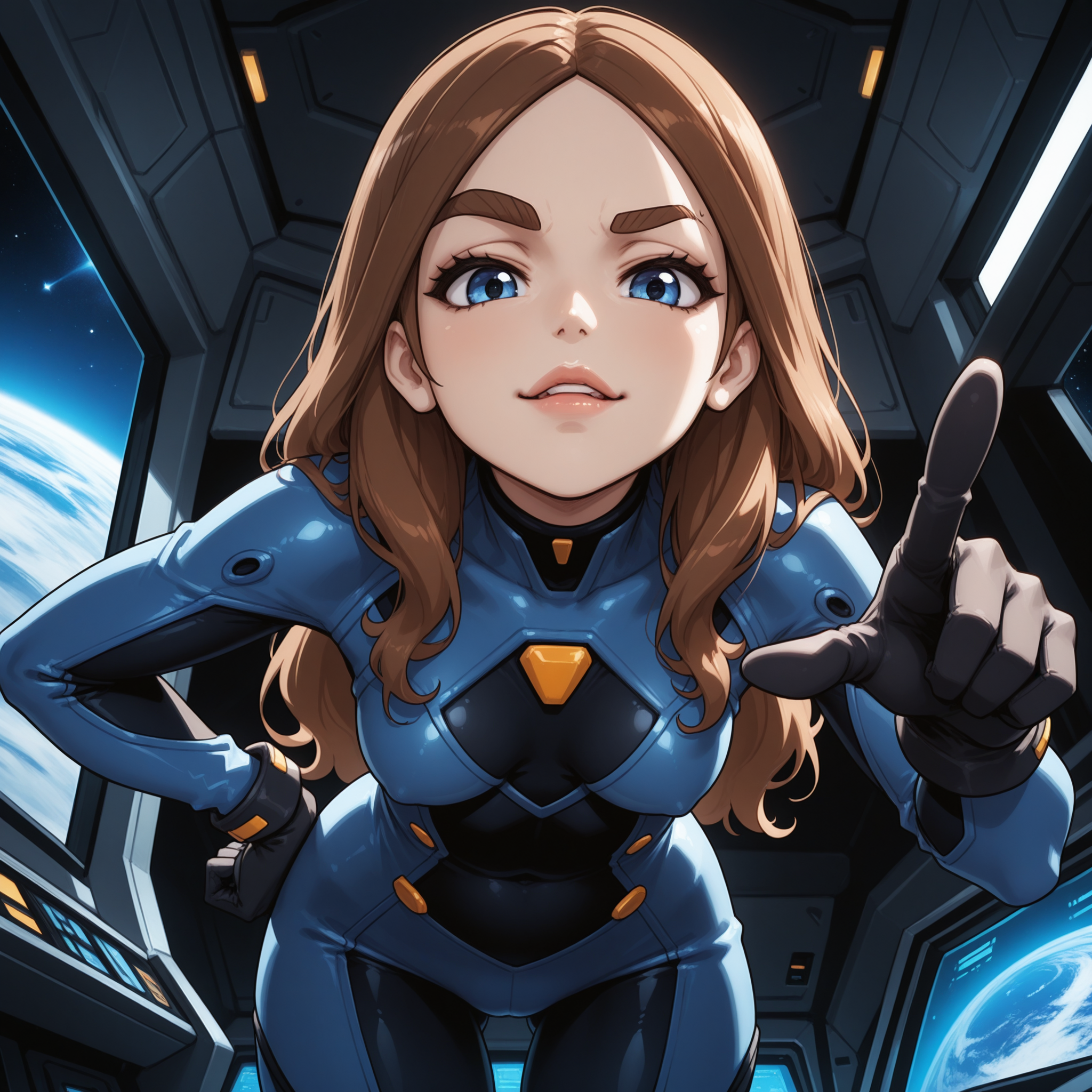 Best quality, soft lighting, soft shadows, light interplay on skin, inside, absurdres, cartoon, scifi theme, futuristic, spaceship interior, spaceship cockpit, computer screens, from below, stars through window, planet through window
<break>
1girl, solo, blue eyes, long hair, brown hair, thick eyebrows, skin detail, lips, breasts, small breasts, bodysuit, blue bodysuit, black bodysuit, skin tight, gloves, ((balled fists)), hand on hips, (single hand forward, (pointing index finger)), playful, seductive, (leaning forward), hanging hair, teasing, flirty, looking down at viewer, perfect eyes, ((mouth open)), ((single eyebrow raise))