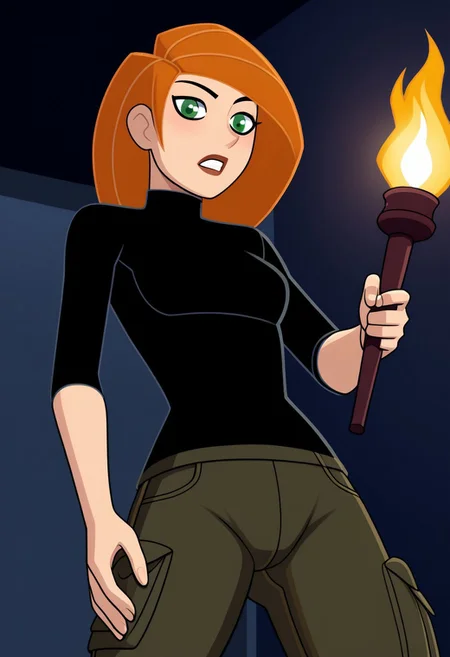 chkim, black skintight shirt, cargo pants, dark room, holding torch, torch on, from slight angle, solo, slightly frightened,