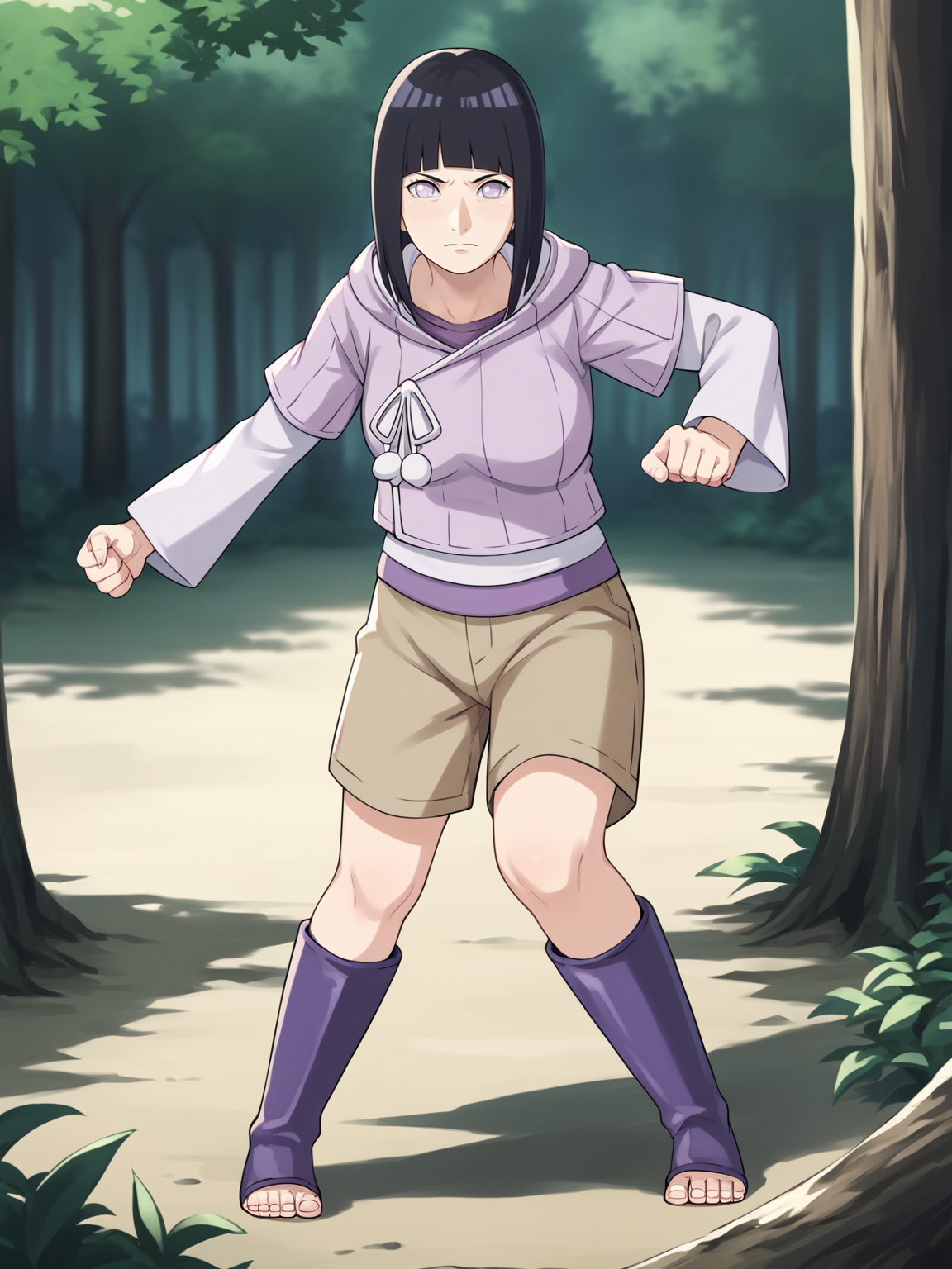 score_9, score_6_up, source_anime, 1girl, mature, milf, hinata_boru, bangs, short hair, black hair, hood down, hoodie, layered sleeves, brown shorts, toeless boots, fighting stance, full body,  looking at viewer,  solo, standing, outdoors, forest    <lora:HinataBorutoXL:1>