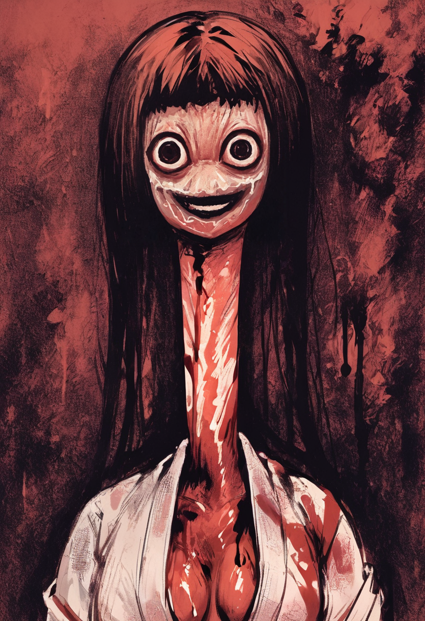 masterpiece, best quality, uncensored, source_anime BREAK score_9, score_8_up, score_7_up, score_6_up, score_5_up, score_4_up, 1girl, solo, tomino, horror (theme), long hair, long neck, Expressiveh, smile, japanese clothes, kimono, blood, blood on clothes, cleavage, red theme, upper body <lora:Expressive_H:0.6> <lora:add-detail-xl:0.5> <lora:Tominos_Hell:0.8>