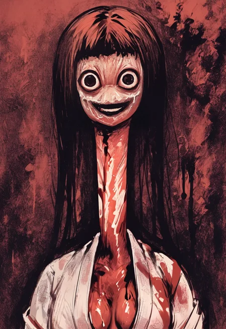 masterpiece, best quality, uncensored, source_anime BREAK score_9, score_8_up, score_7_up, score_6_up, score_5_up, score_4_up, 1girl, solo, tomino, horror (theme), long hair, long neck, Expressiveh, smile, japanese clothes, kimono, blood, blood on clothes, cleavage, red theme, upper body <lora:Expressive_H:0.6> <lora:add-detail-xl:0.5> <lora:Tominos_Hell:0.8>