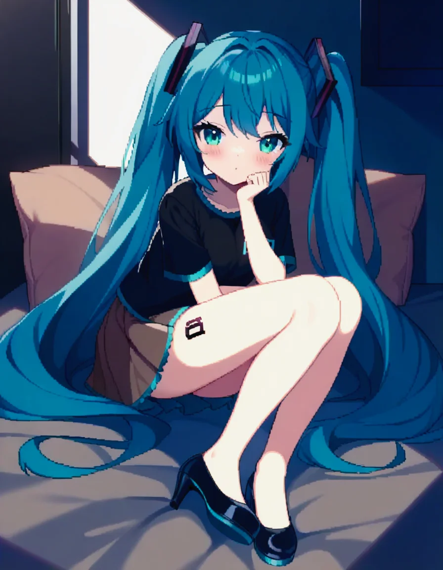 1girl,hatsune miku,style_pixel,aqua_eyes,aqua_hair,artist_self-reference,black_shirt,blush,brown_skirt,frills,full_body,hair_ornament,high_heels,indoors,legs,long_hair,looking_at_viewer,number_tattoo,pillow,shirt,skirt,solo,tattoo,twintails,very_long_hair,<lora:Stylemix2-Pixel-xl:1.2>,<lora:Hatsune_Miku_for_SDXL_V1.0:1>,