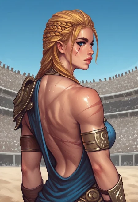 1girl, (((back view))), illustration, highly detailed, skinny, model body, looking at viewer, 1girl, masterpiece, best quality, femgladiator, scar, bloody, dynamic pose, <lora:Gladiator_F_For_Honor:0.9>
BREAK
(((((Bestiary gladiator armor, scars on face))))), ((((dynamic pose))))
long hair, blonde hair, big hair, blue eyes,
(((a short soft tunic, arms and legs bandaged with tight bandages)))
best quality, depth of field, bokeh, (((full clothed))),
BREAK
((((outdoor, gladiator arena, sand, colosseum, scars on body, bloody:1.2)))) score_9, score_8_up, score_7_up, score_6_up, source_cartoon, rating_explicit, Expressiveh, ((((upper body))))), dynamic pose,