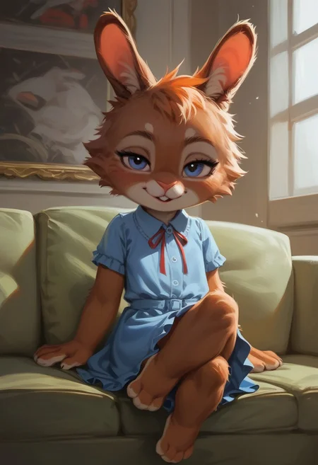 Expressiveh, score_9, score_8_up, score_7_up, score_6_up, score_5_up, score_4_up, 2d, masterpiece, skilled, skillfull, excellent, 1girl (lagomorph, furry, anthro, cub), 18yo, cute cub, fur, furry feet, young adult, cute face, little, small, cute girl, sexy, Light dress, tight body, shortstack, slim, slender, legs, cute little detailed feet, erotic, lewd, explicit, best quality, highly detailed, perfect lighting, inside, indoors, festive, living room, couch, (detailed setting, detailed background), sitting on couch, inviting, bedroom eyes, crossed legs, break.