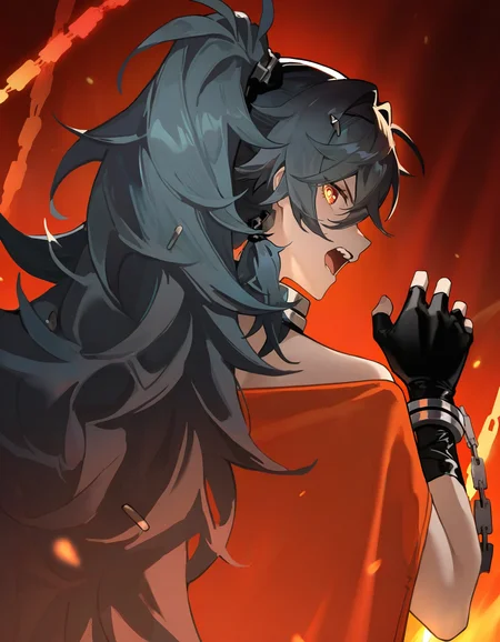 xytx-cihui,1girl,solo,long hair,gloves,black gloves,black hair,red eyes,looking at viewer,ponytail,looking back,from behind,chain,open mouth,very long hair,
<lora:cihui_noob2:1>,masterpiece,best quality,very aesthetic,absurdres,