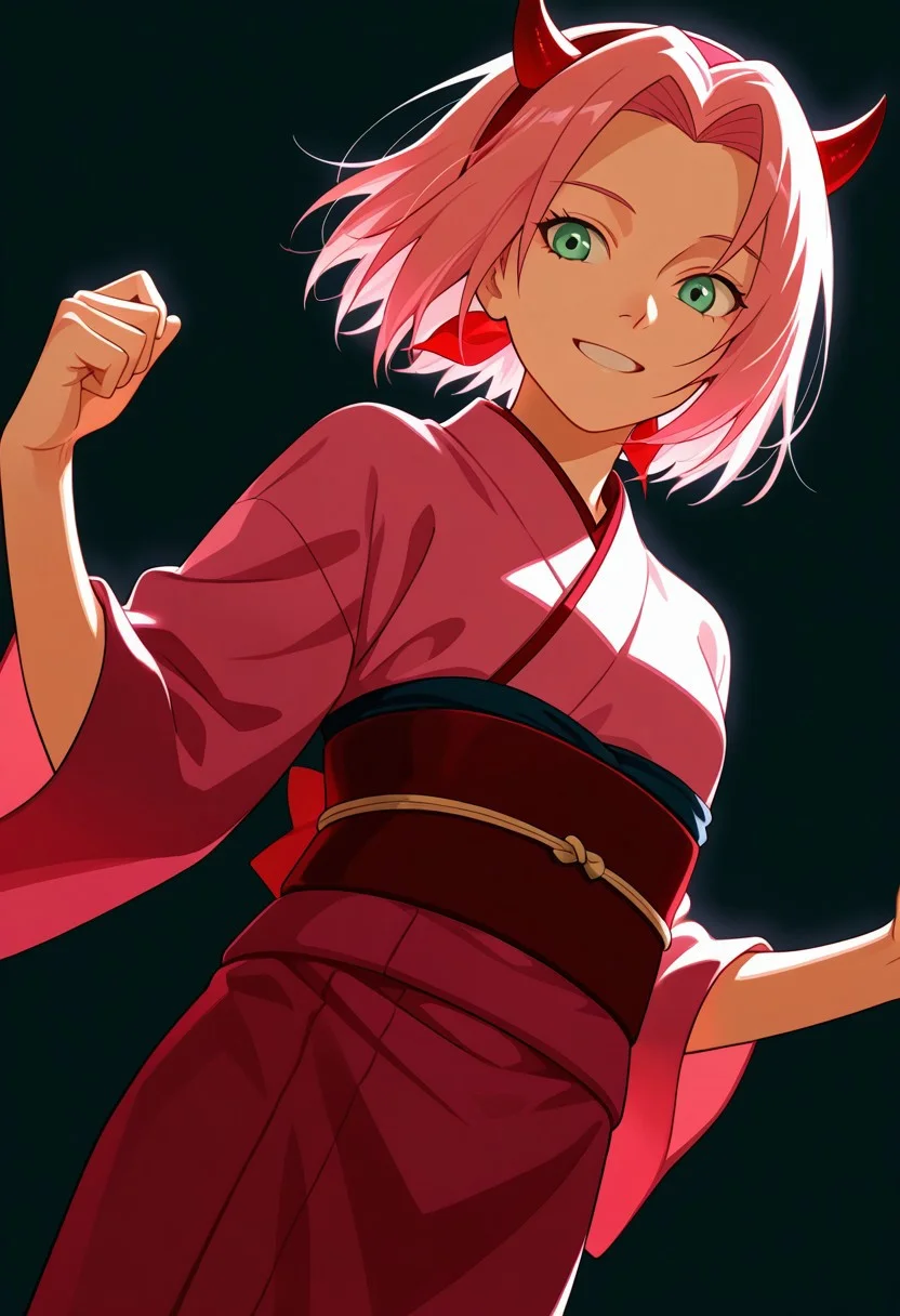 Score_9_up, score_8_up, score_7_up, source_anime, Expressiveh, perfect eyes, 1girl, solo, 1girl, haruno sakura, pink hair, short hair, green eyes, slim body,Small breasts,average height,
halloween background,((pink kimono)),pumpkins,((Red plastic headband with small devil horns)),smiling, unbrella japanese,
youthful and elegant style, dynamic pose with a slight dutch angle, soft lighting, cinematic composition, modern fashion photography, high detail, realistic textures, vibrant colors, subtle provocative undertone, balanced and tasteful aesthetic,
simple background:1.1,
masterpiece, best quality, good quality, newest, highres, absurdres, volumetric lighting,gradient color,
raytracing, volumetric lighting, ambient occlusion, masterpiece, best quality, very awa, absurdres,
BREAK masterpiece, best quality, amazing quality, (perfect anatomy:1.2), (beautiful artwork), (beautiful color), strong lighting, <lora:blm_ILL_V1:0.3>, <lora:HandFineTuning_XL:0.7>
