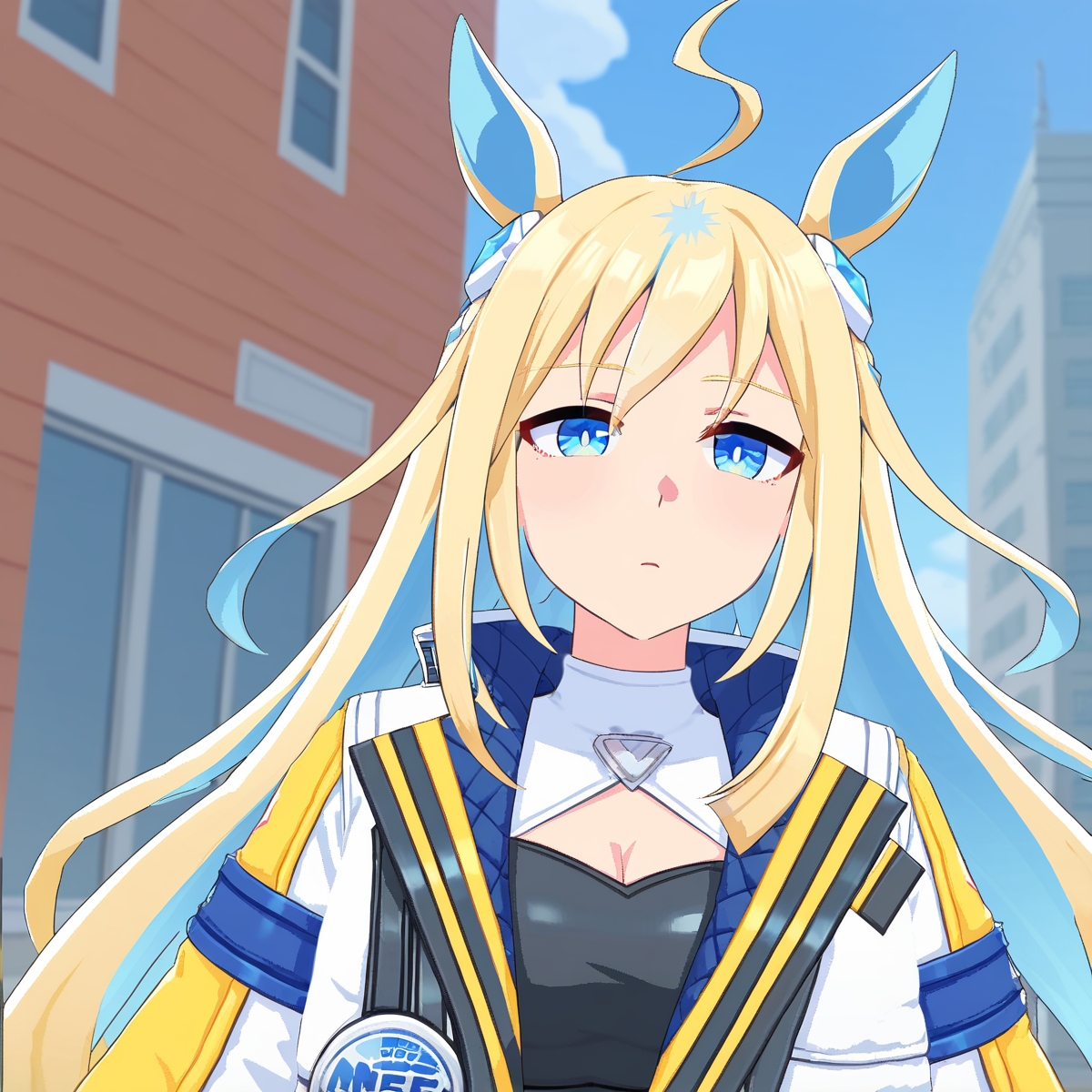 (zPDXL2), score_9, score_8_up, score_7_up, source_anime, BREAK, 1girl, solo,
<lora:NeoUniverse3DPony:0.85>, NeoUniverse3D, long_hair, multicolored_hair, blonde_hair, blue_hair, blue_eyes, horse_ears, horse_tail, small_breasts, ahoge,
expressionless, 
Universe-Naut, white_jacket, cleavage, sleeves_past_fingers, sleeves_past_wrists ,
upper_body, outdoors, sky ,