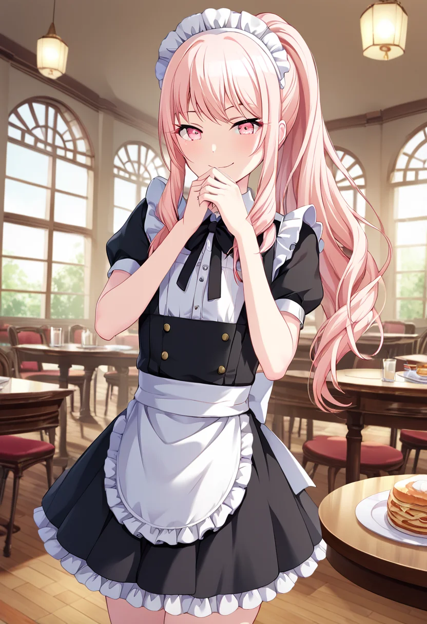 akiyama_mizuki, pink hair, pink eyes, androgynous, 1other, official art, long hair, ponytail, maid outfit, frilled apron, black dress, bubble skirt, , BREAK indoors, restaurant BREAK looking at viewer, sexy face, happy, closed mouth, smile, shushing, hand near mouth, cowboy shot, BREAK score_9, score_8_up, score_7_up, source_anime ,zPDXL, perfect hand, <lora:Akiyama_Mizuki:0.8>