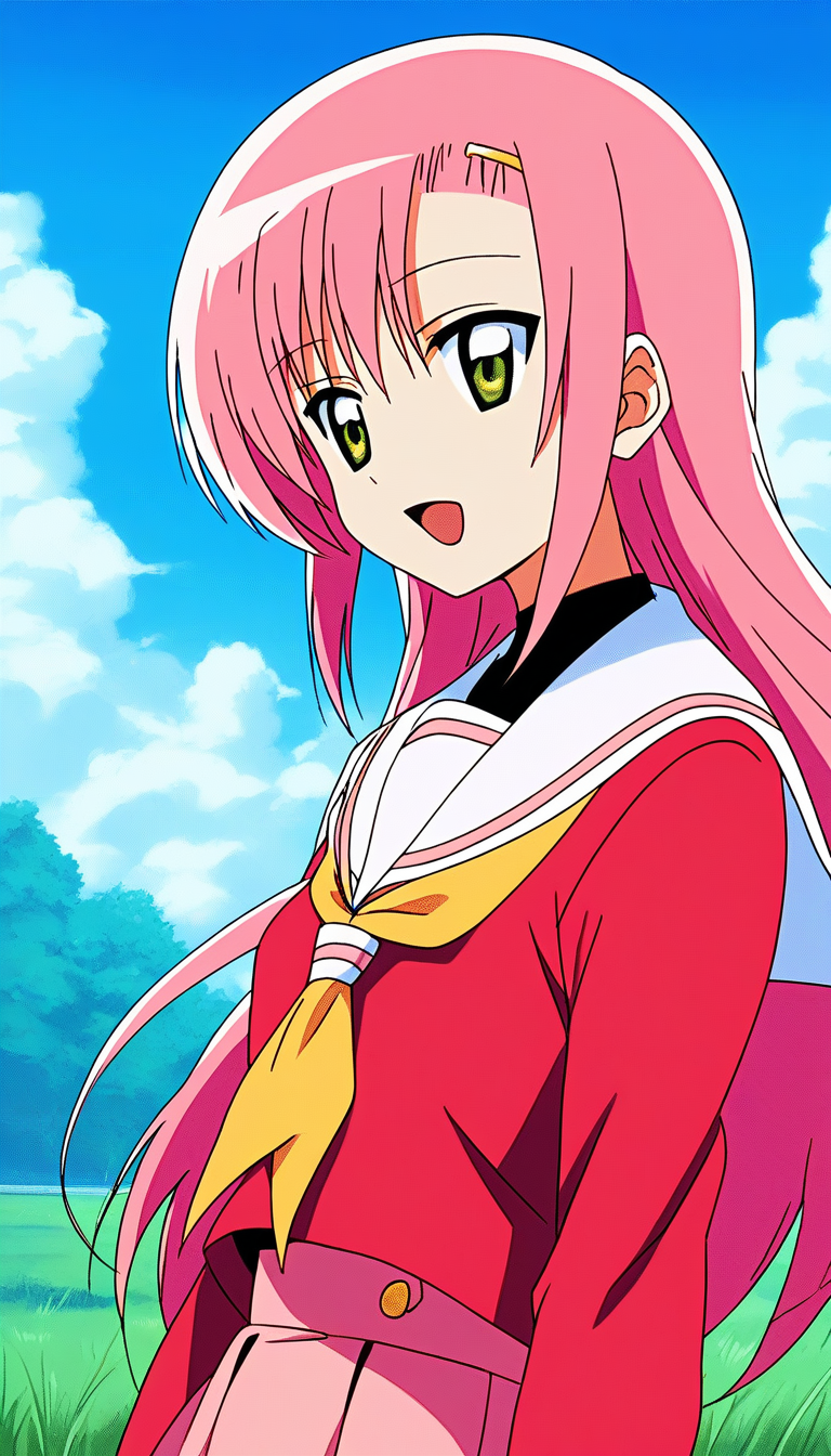score_9, score_8_up, score_7_up, source_anime, rating_explicit, BREAK  <lora:Katsura_Hinagiku_XL:1>Katsura_Hinagiku, pink hair, long hair, Yellow green eyes, hairclip, small breasts, school uniform, red serafuku, pink skirt,
open mouth, portrait, sailor collar, white sailor collar, pink background, upper body
blue sky, outdoor, day, grass,
2010s \(style\), anime, anime_screencap, animated gif, mp4 ,video, animated,