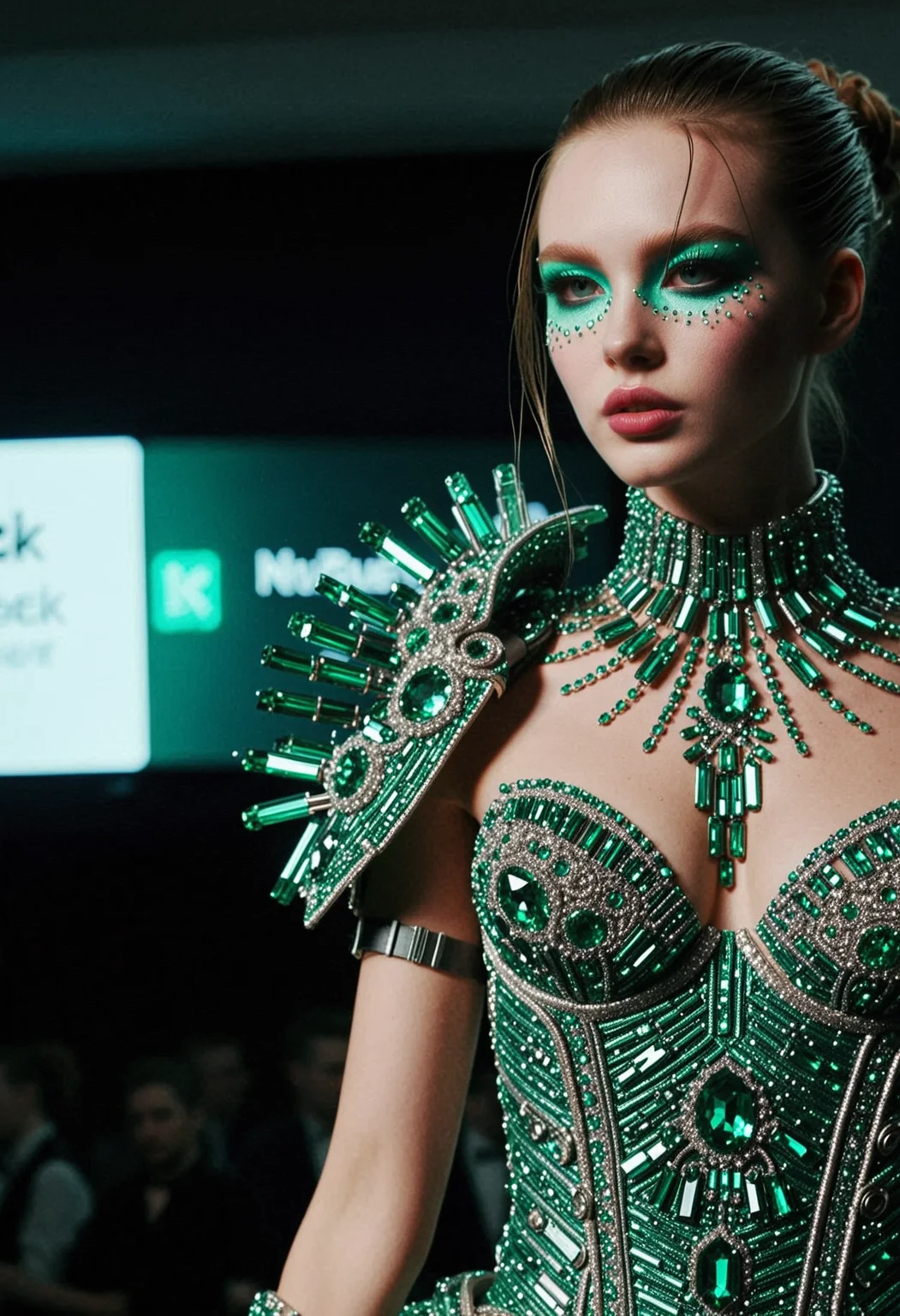 Cyberpunk topmodel clad in emerald couture, posing on the runway. Masterpiece, highly detailed, professional, 4K <lora:dmd2_sdxl_4step_lora> <lora:xl_EmeraldMorph>
