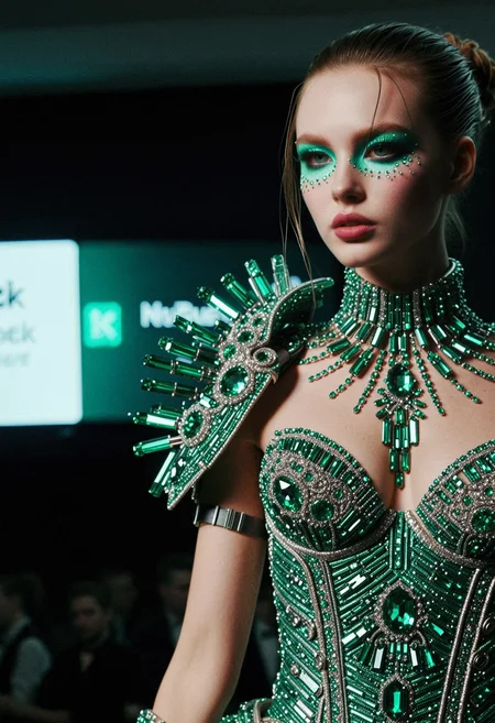 Cyberpunk topmodel clad in emerald couture, posing on the runway. Masterpiece, highly detailed, professional, 4K <lora:dmd2_sdxl_4step_lora> <lora:xl_EmeraldMorph>