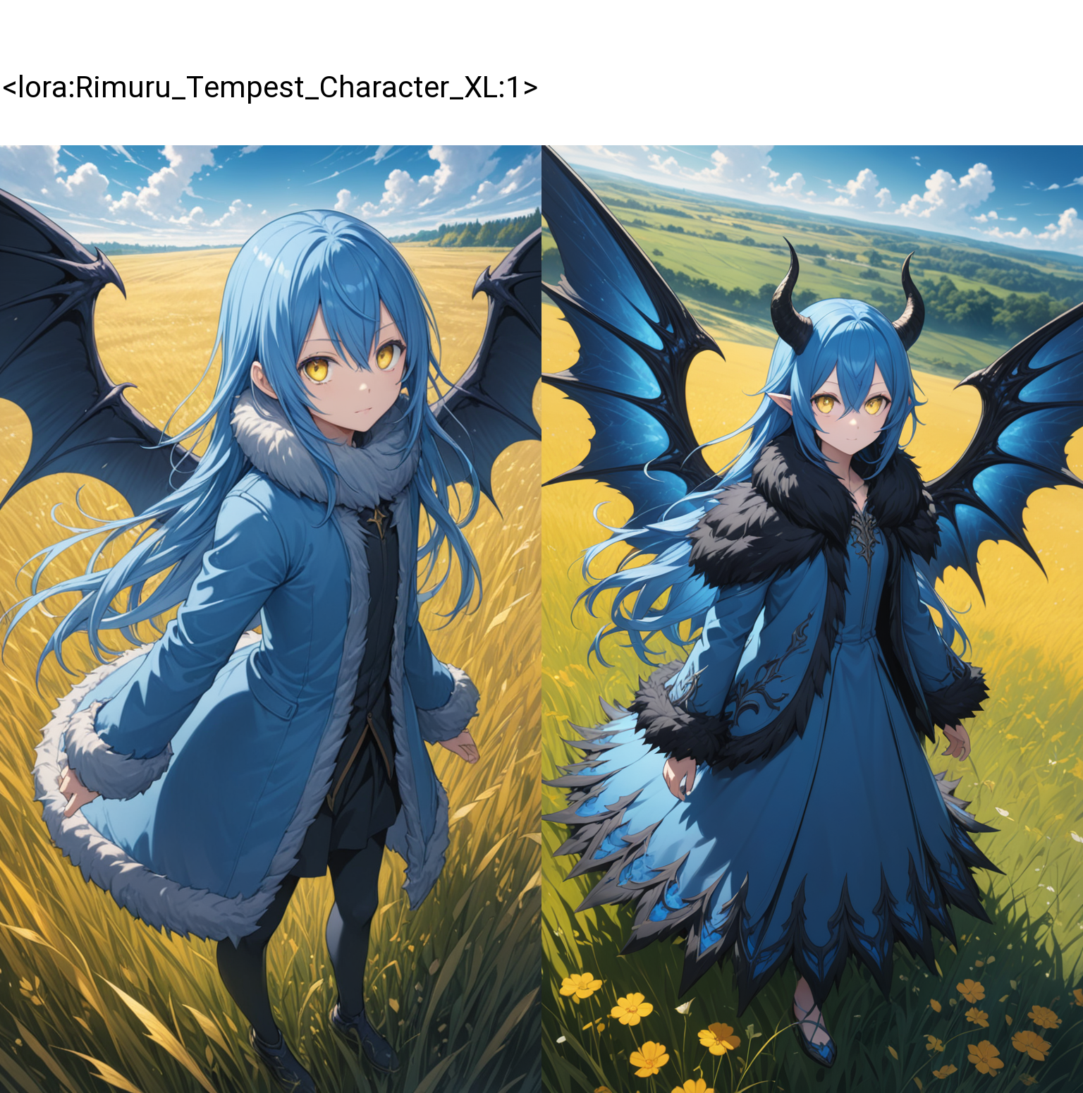 tsepmet_urumir_xl, rimuru tempest, wings, long hair, blue hair, solo, hair between eyes, fur trim, fur collar, fur trimmed jacket, looking at viewer, full body, demon wings,
in an open field, floating, depth of field, dutch angle,
(masterpiece, best quality:1.2), detailed Illustration, official artwork, wallpaper, official art, extremely detailed eyes and face, beautiful detailed eyes, yellow eyes,
<lora:Rimuru_Tempest_Character_XL:1>
<lora:IOS_Iridescent_opal_style:0.4>
<lora:add-detail-xl:0.8>
