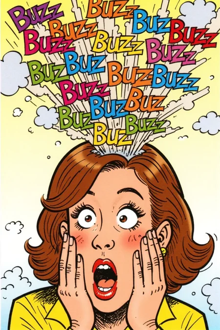 bande dessinée style image of portrait of a woman. The top of her head is open and there is an explosion of multiple colorful words "Buzz". The man has a shocked expression on her face.