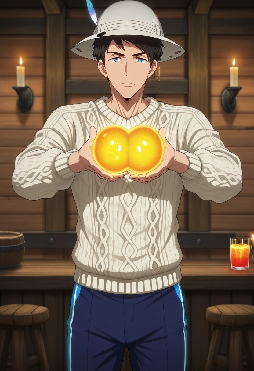 masterpiece, best quality, intricate details, anime screencap, , , looking at viewer, 1boy, solo, male focus, <lora:sousuke_yamazaki_ilxl:1>, sousuke_yamazaki, black hair, blue eyes, short hair, enchanted tavern, wooden stools, glowing drinks, magic orbs, storytelling pose, animated expression, candlelight, Shibori RustRed Georgette Pleated golf pants, Wool sweater, , Pith helmet,