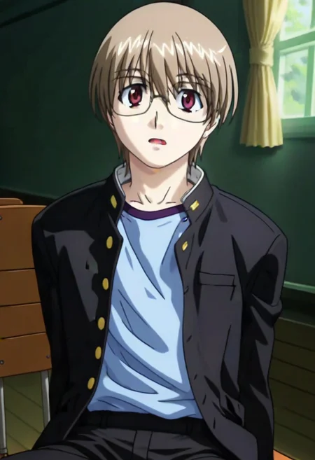 ((masterpiece)), ((best quality)), ((ultra-detailed)), ((absurdres)), score_9_up, score_8_up, score_7_up,
HD, top quality, best quality, amazing quality, High-quality illustrations, anime screencap, source_anime, best aesthetic, perfect proportions, perfect eyes, 1boy, 1male, solo boy, solo male, male focus, solo male focus, Anime, boy, male anime character, anime boy, handsome, attractive, cute, charming, sexy, hot, ((short, short body, short height)), ((slim body, slender body, thin body)), Kei Kusanagi, light brown hair, red eyes, glasses, black plain blazer, blue undershirt, untucked shirt, black pants, updn, easynegative, neghands, Expressiveh, ((gloomy expression, sad)), ((classroom)), ((school chair)), ((school desk)), ((sitting on school chair inside classroom))