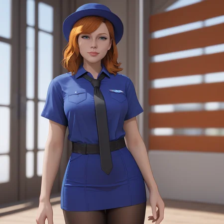 <lora:batgirlgothamknights_pony_v1:.8>BarbaraNoMaskNudeGothamKnights, 1girl, large breasts, freckles, lips, nose, orange medium hair, cowboy shot, <lora:0820 tokisaki kurumi policewoman fan costume_v1_pony:1> ruanyi0820,black necktie,blue hat,blue shirt,blue skirt,black pantyhose,short sleeves,skirt