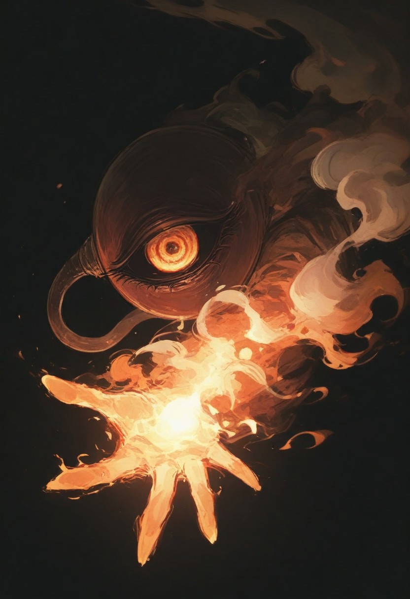 dynamic angle, unusual angle, dynamic, dynamic composition,
In the dim, flickering light, hand reaches out to catch creepy eyeball, its movements deliberate yet hesitant. fire pulse faintly, glowing like a dying ember, their light casting eerie shadows across the outstretched hand. The closer it gets, the air grows colder, heavy with an otherworldly presence. spectral wisps begin to unfurl, curling and twisting like smoke around creepy eye. Whispers fill the air—soft at first, but rising into a cacophony of tormented wails. The hand trembles as its fingers hover just above the eyeball, as though sensing the weight of the cursed power it is about to claim. fury. black background
