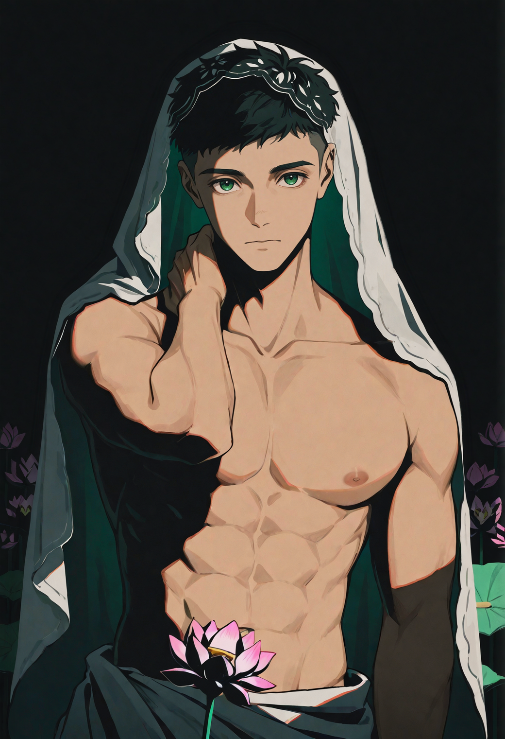 masterpiece,best quality,
1boy,toned male,
<lora:yokokawa_yuusuke_NAI_EPS_1_1_CAME_v1_960:1>,
yok0kaw4_yuusuk3,black hair,short hair,undercut,green eyes,
topless male,blanket veil,flower,hand on own neck,looking at viewer,(high contrast),dark,lotus,
shadow,high key,shadow,dynamic angle,dynamic action