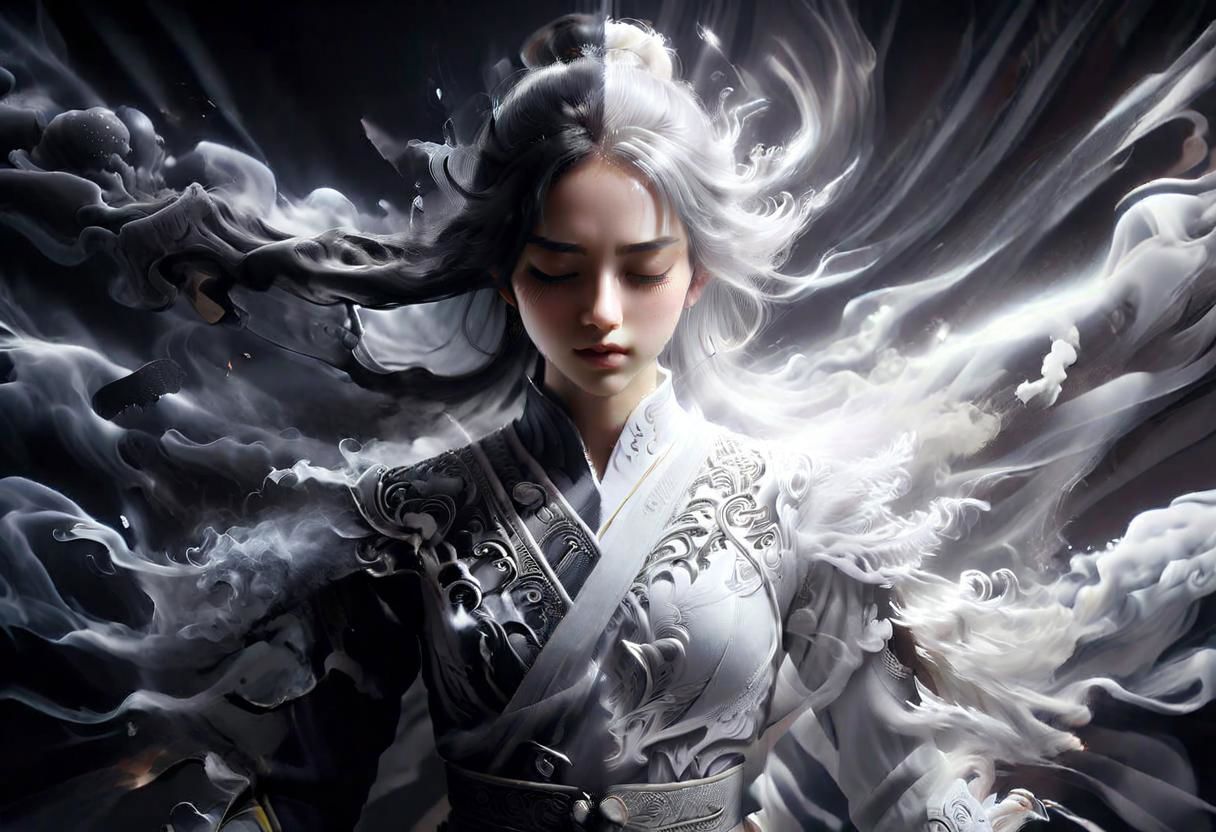 linquivera free self-expression, young girl eyes closed, head slightly tilted back, white glowing hair on one side, natural lighting on face, powerful defined facial features, Detailed royal clothing , beautiful pattern in very heavy smoke. backlighting on dark side. Bright white glow on white side.