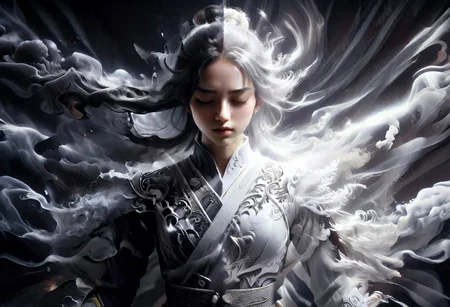 linquivera free self-expression, young girl eyes closed, head slightly tilted back, white glowing hair on one side, natural lighting on face, powerful defined facial features, Detailed royal clothing , beautiful pattern in very heavy smoke. backlighting on dark side. Bright white glow on white side.